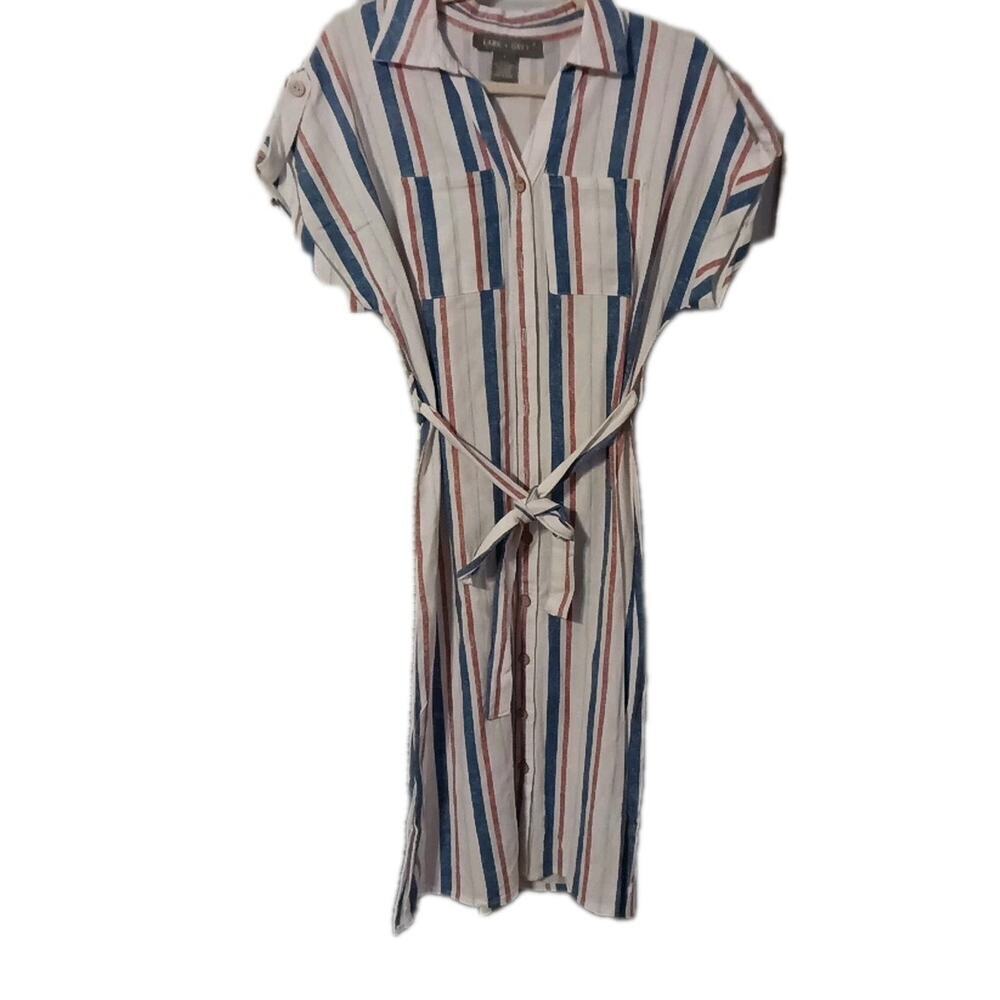 lark grey dress Striped Linen Blend Sz. Small Nautical Preppy Button Up